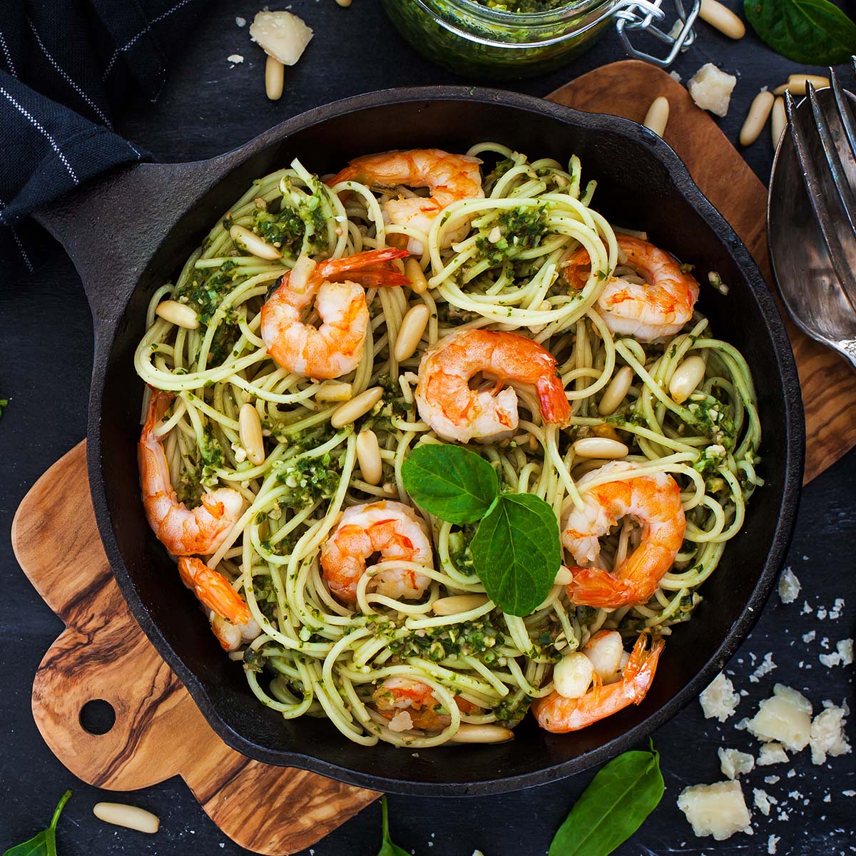 Spaghetti with prawns and homemade pesto sauce Food, Restaurant, Bar & Lounge Photography - Website Design & Social Media Marketing - Palm Island Creative